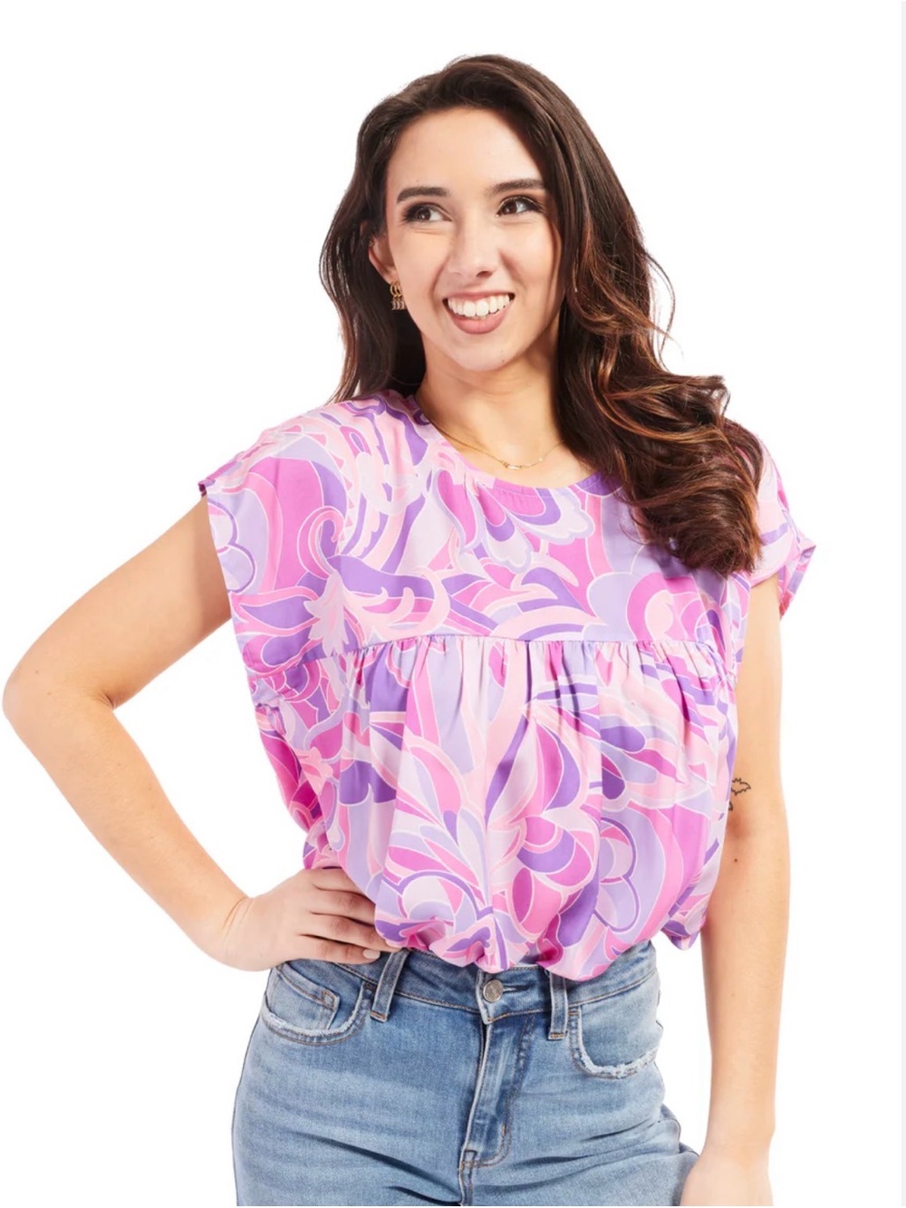 Women's Pink & Purple Printed babydoll style Blouse